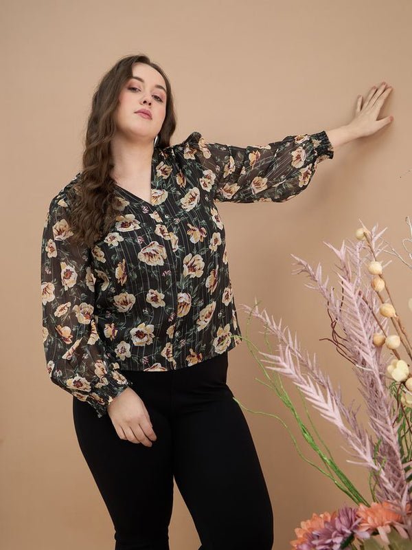 Kibo Curve Women Plus Size  Plus Size Black Floral Printed Top