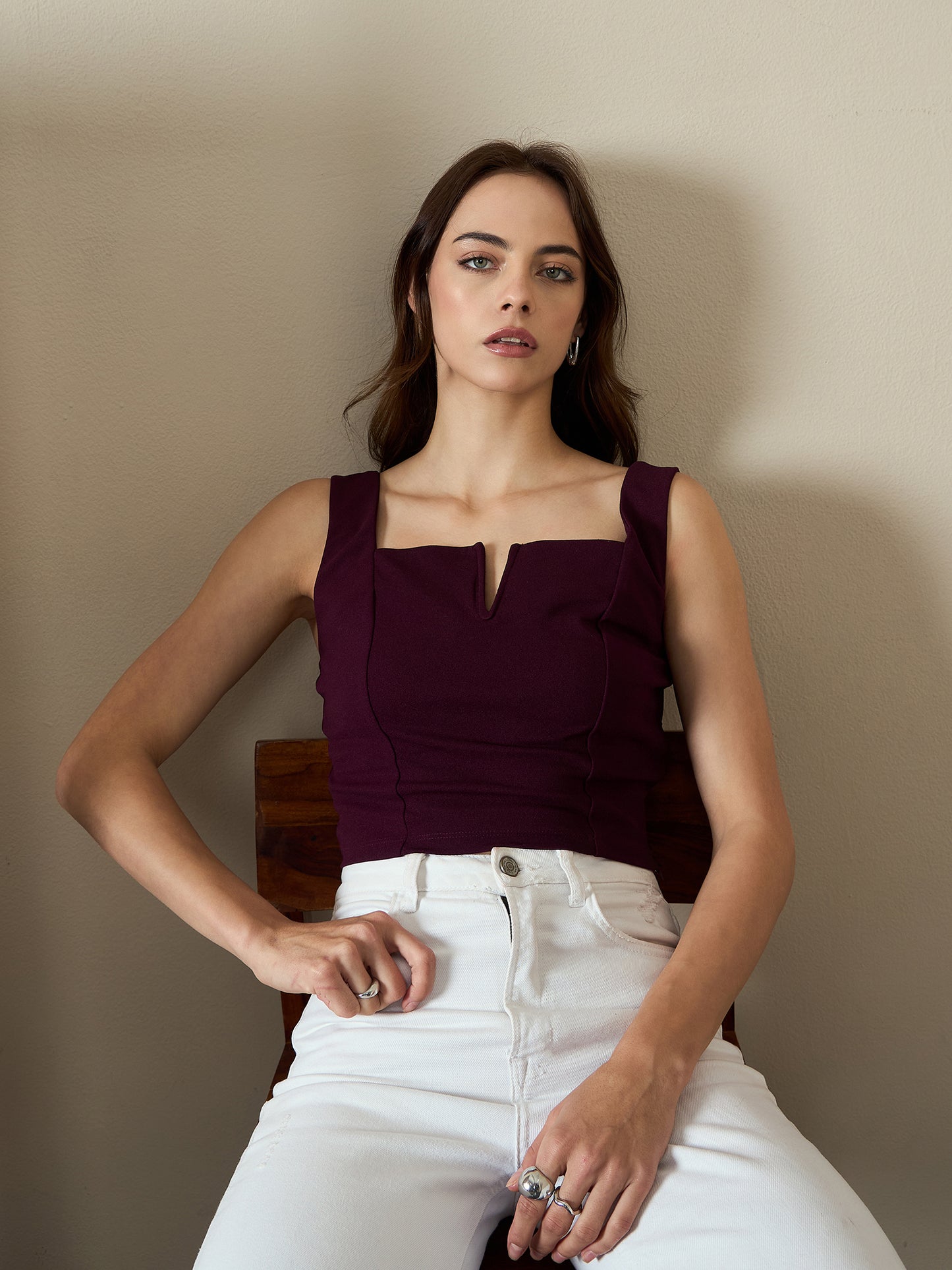 V-cut Solid  Tank Top