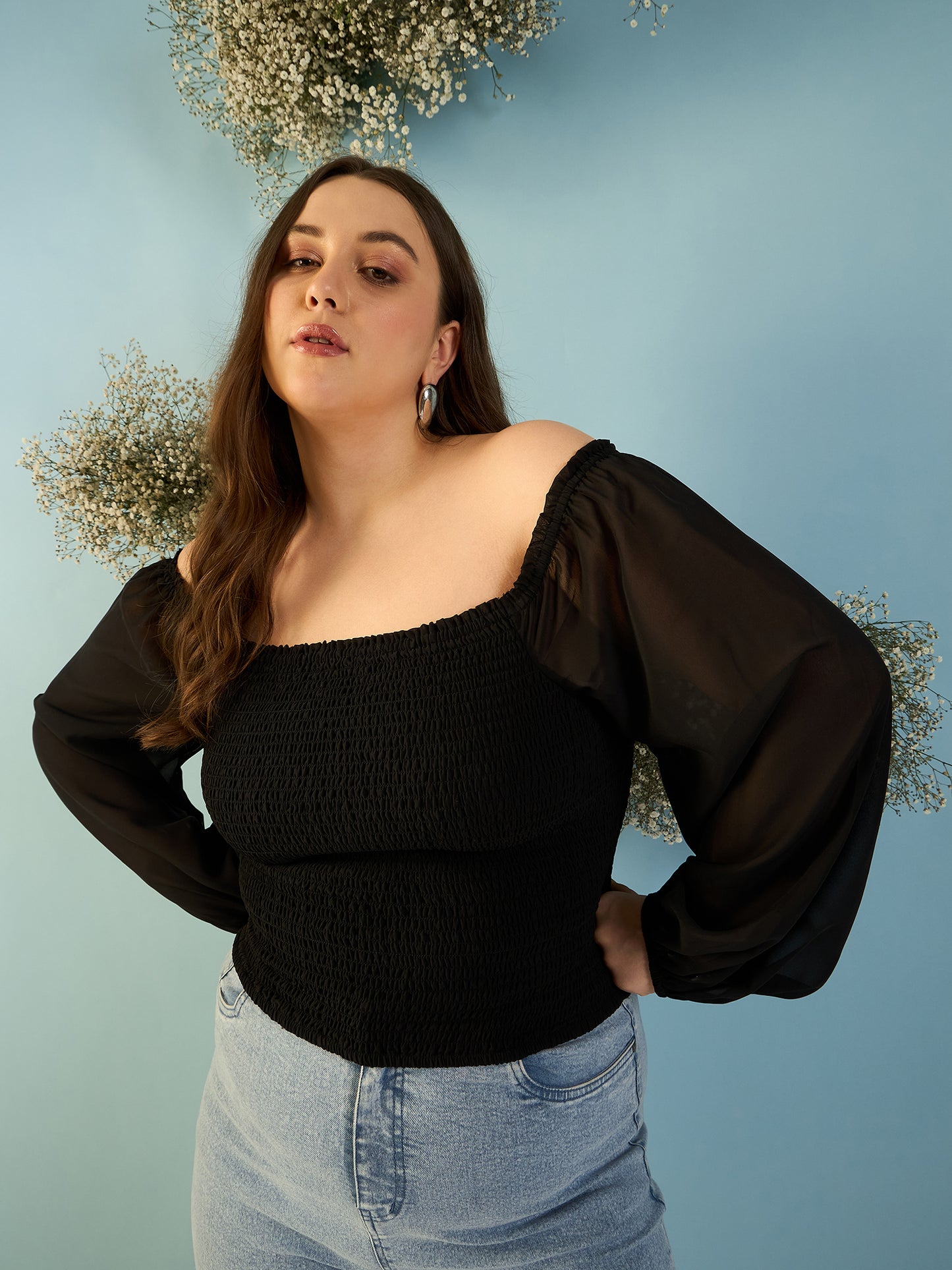 Bishop Sleeve Smocked  Bardot Top