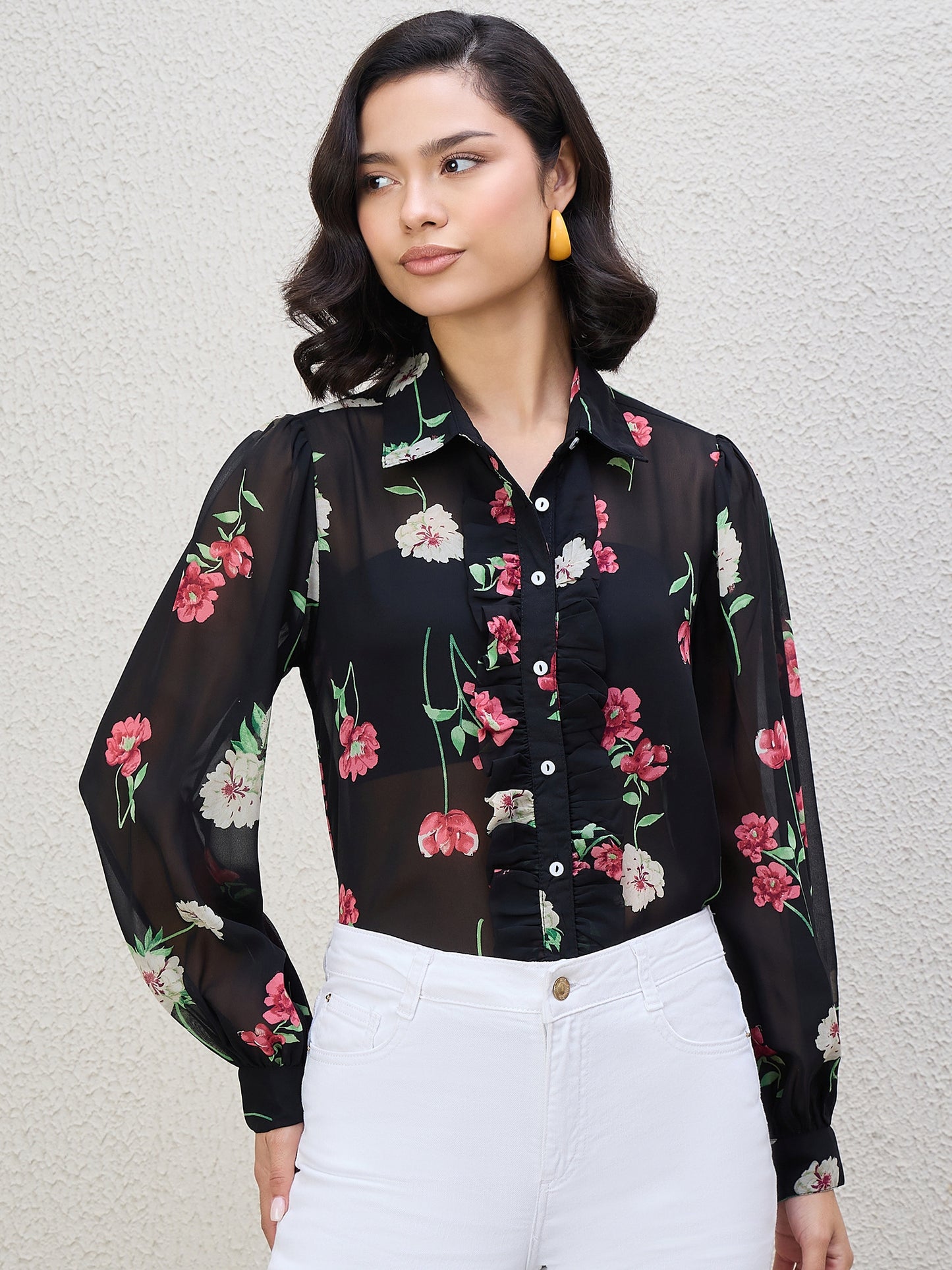 FLORAL PRINT FRILL SHIRT