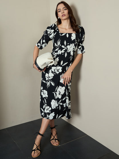 Printed A-Line Power Shoulder Dress