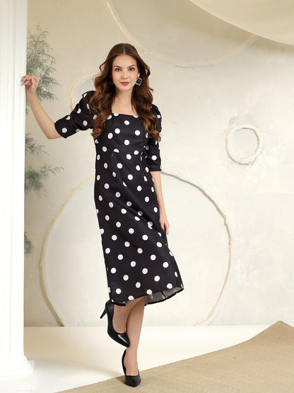 Printed A-Line Power Shoulder Dress