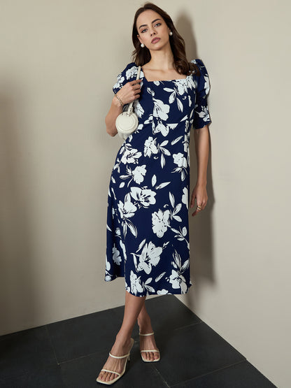 Printed A-Line Power Shoulder Dress