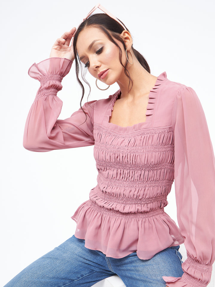 KIBO Georgette Square Neck Smoked Top