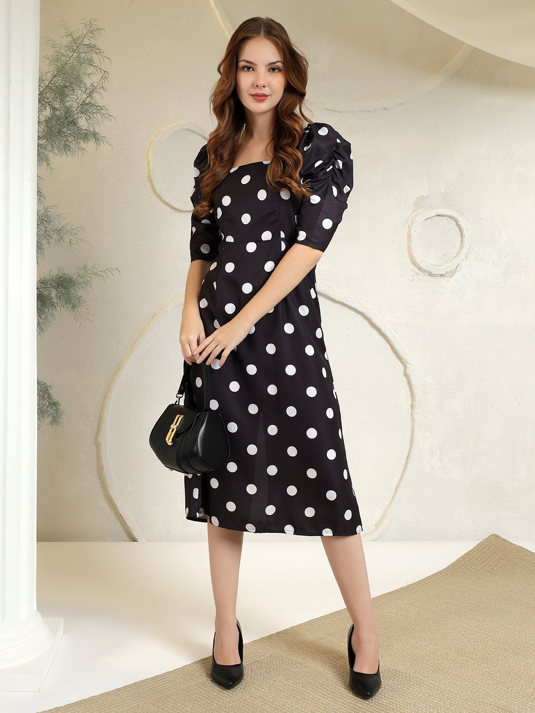 Printed A-Line Power Shoulder Dress