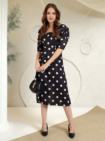 Printed A-Line Power Shoulder Dress