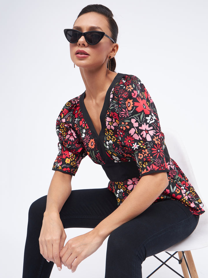 KIBO Floral V-Neck Solid Panelled Top For Women