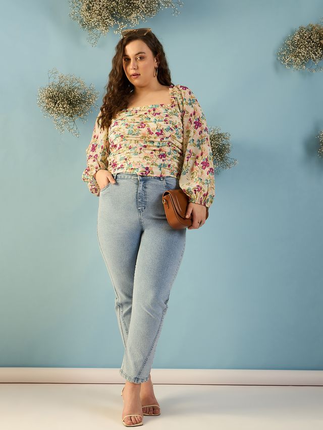 Floral Print Puff Sleeve Georgette Top