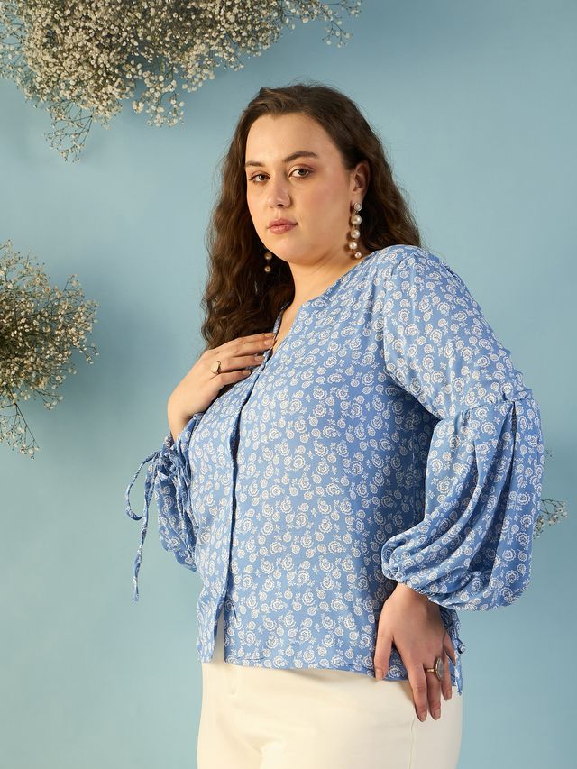 Print Puff Sleeve Crepe Top