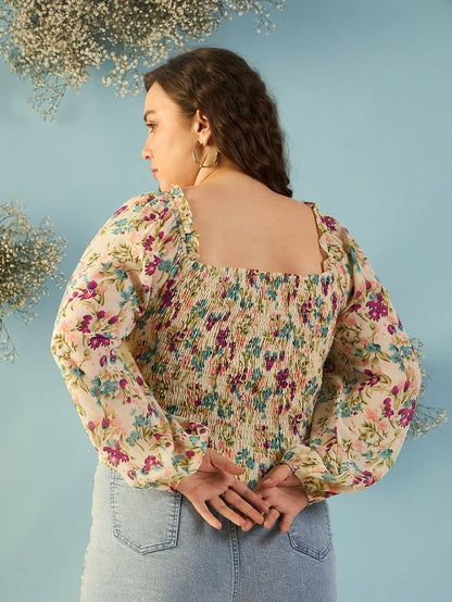 Floral Print Puff Sleeve Georgette Top