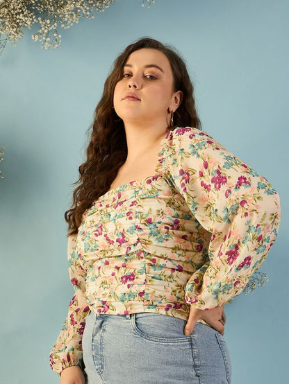 Floral Print Puff Sleeve Georgette Top