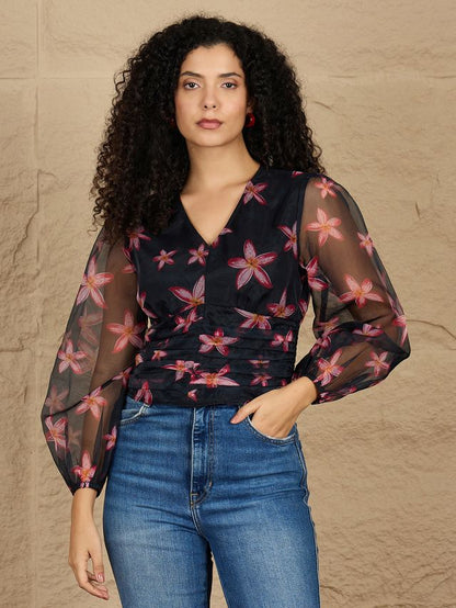 Floral Print Puff Sleeve Smocked Top