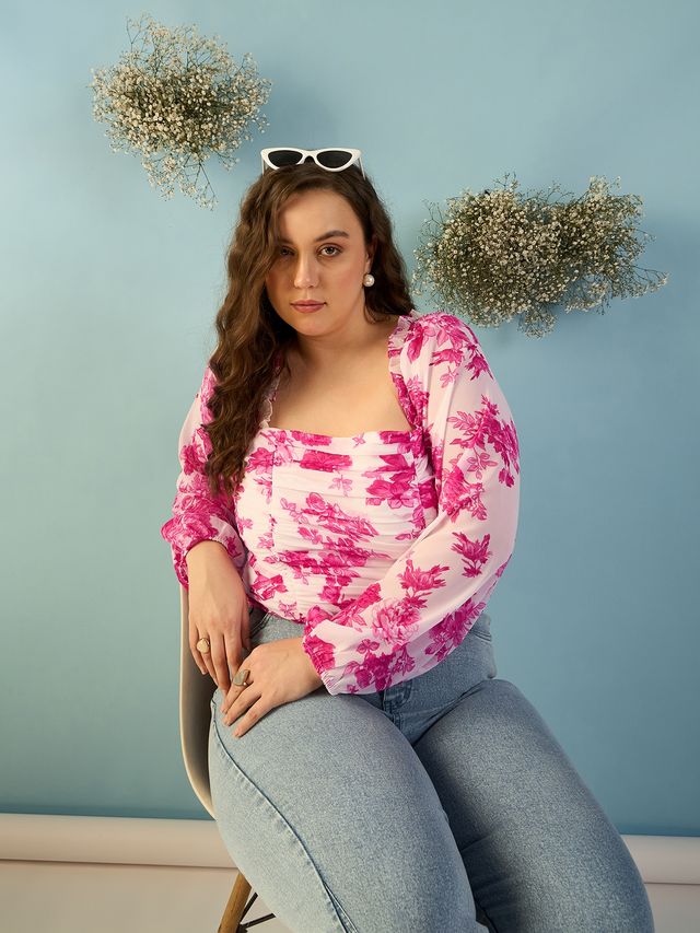 Floral Print Puff Sleeve Georgette Top