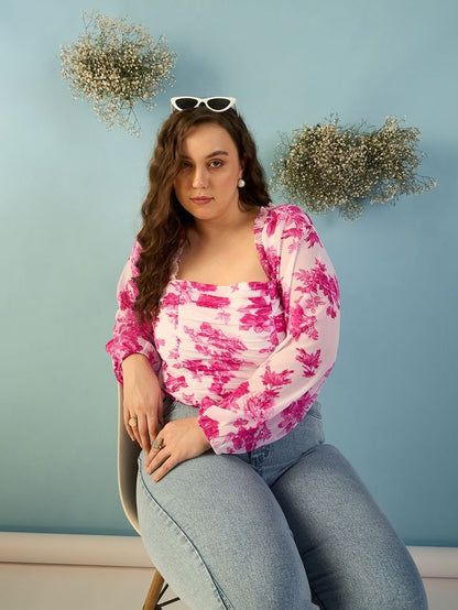 Floral Print Puff Sleeve Georgette Top