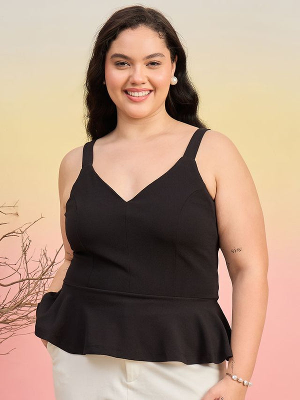 Kibo Curve Women Plus Size  Shoulder Straps Black Peplum Top