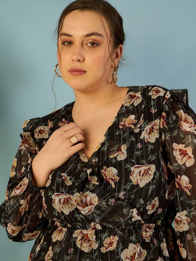 Floral Print Puff Sleeve Georgette Wrap Top