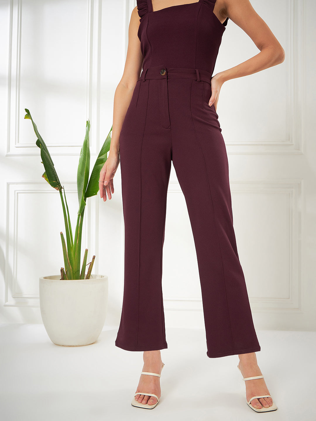 Solid Maroon Straight Fit High-Rise Pant