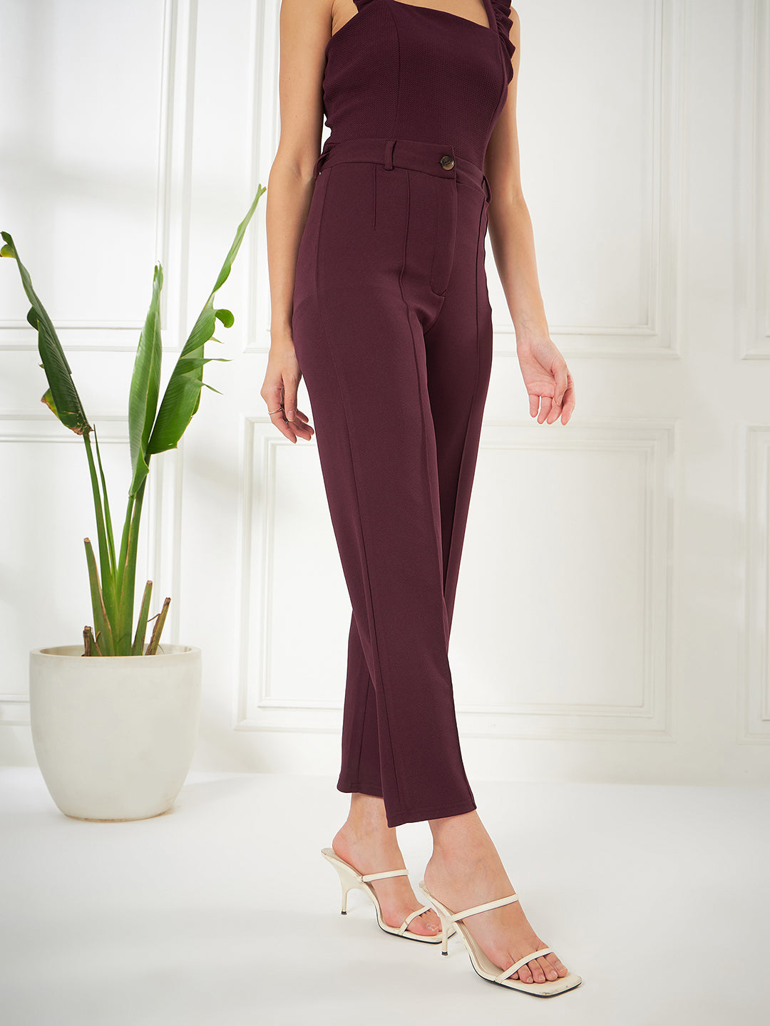 Solid Maroon Straight Fit High-Rise Pant