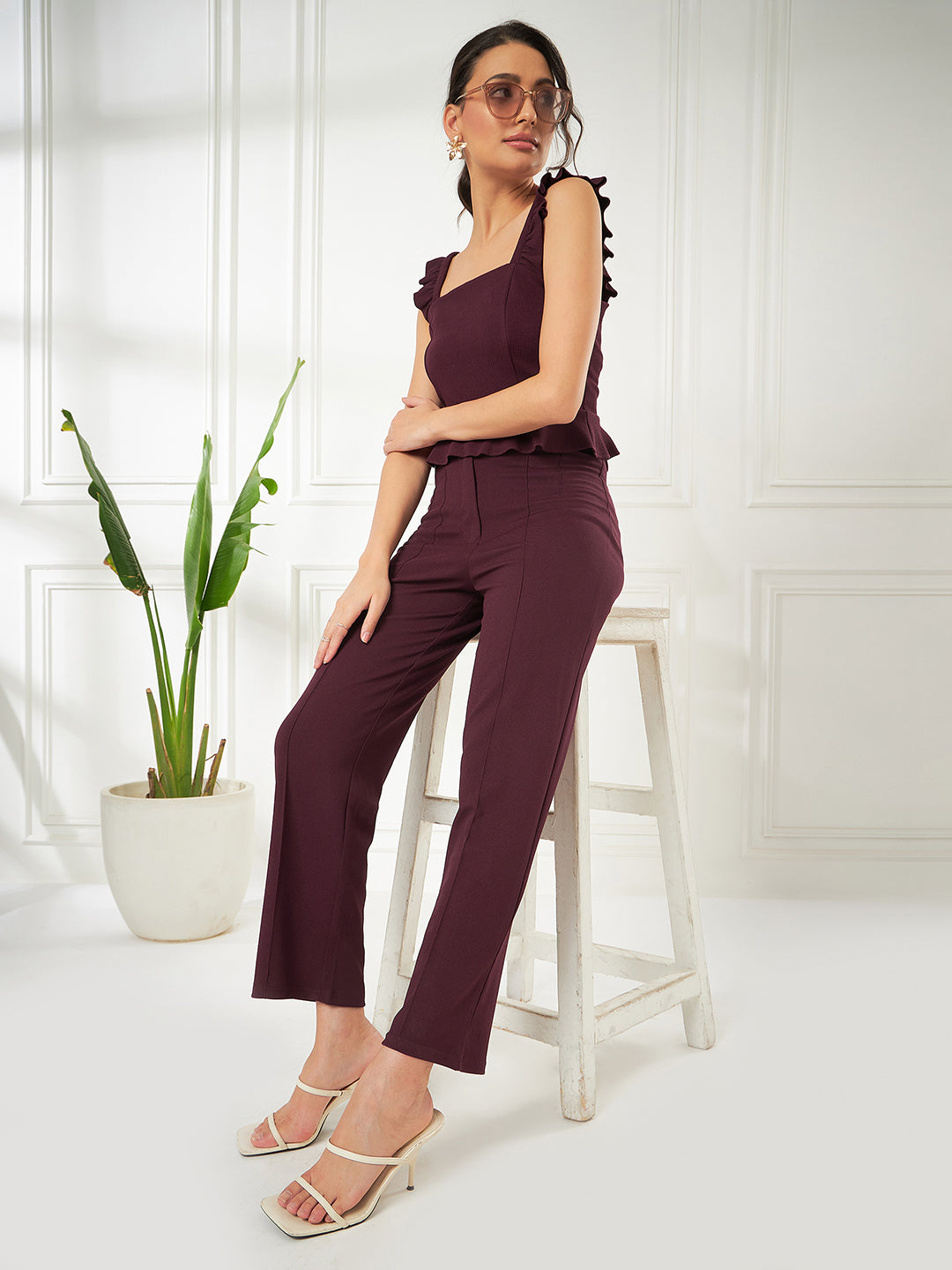 Solid Maroon Straight Fit High-Rise Pant