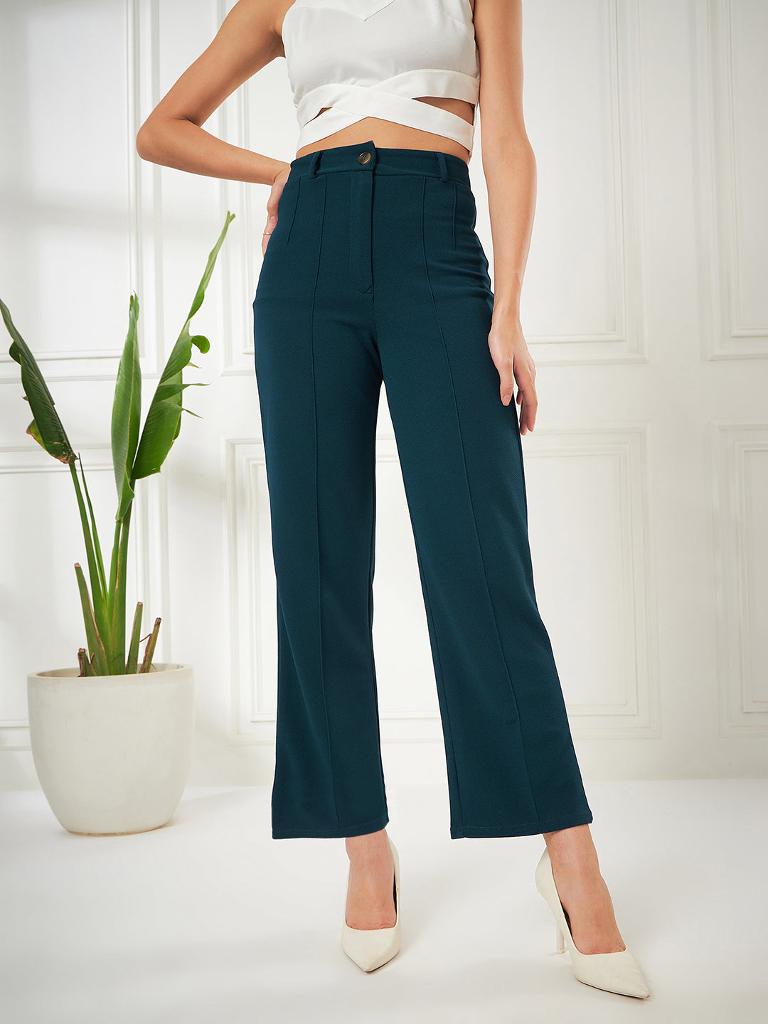 Solid Teal Blue Straight Fit High-Rise Pant