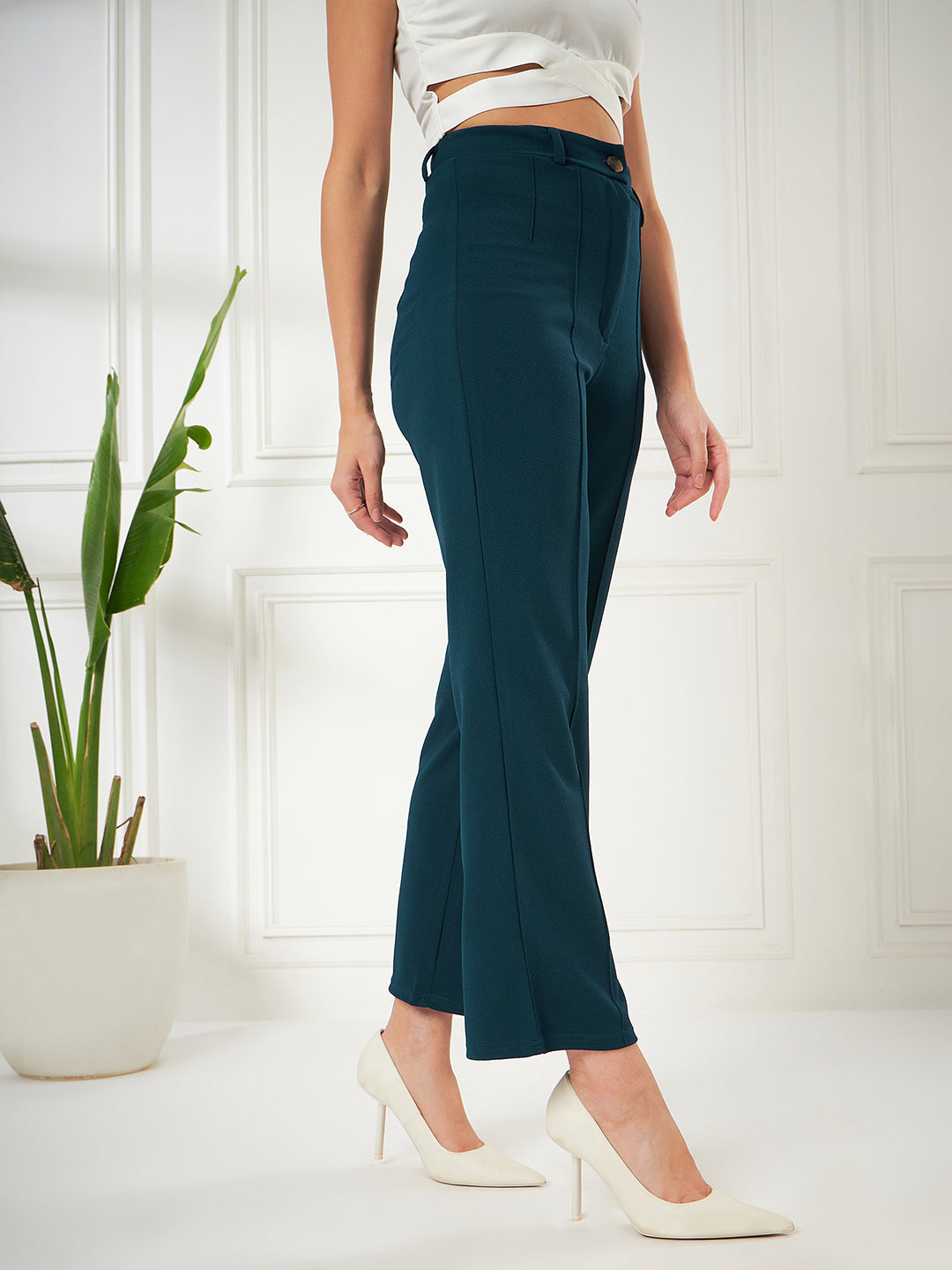 Solid Teal Blue Straight Fit High-Rise Pant