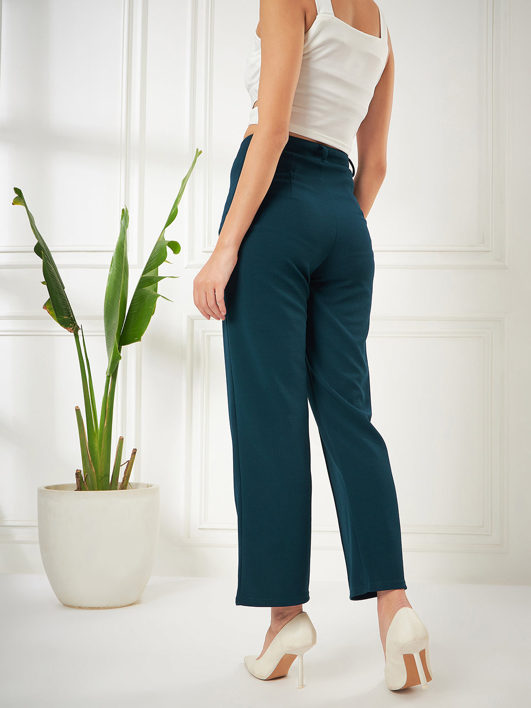 Solid Teal Blue Straight Fit High-Rise Pant