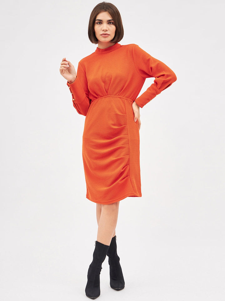 Orange High Neck Long Sleeve Bodycon Dress