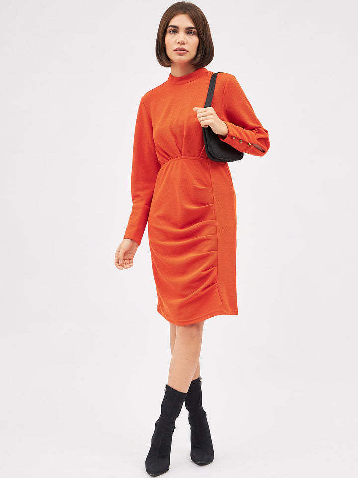 Orange High Neck Long Sleeve Bodycon Dress