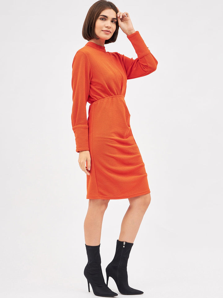 Orange High Neck Long Sleeve Bodycon Dress