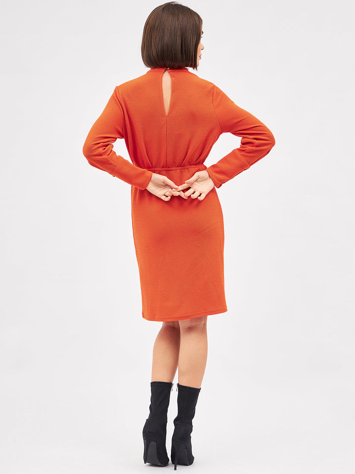 Orange High Neck Long Sleeve Bodycon Dress