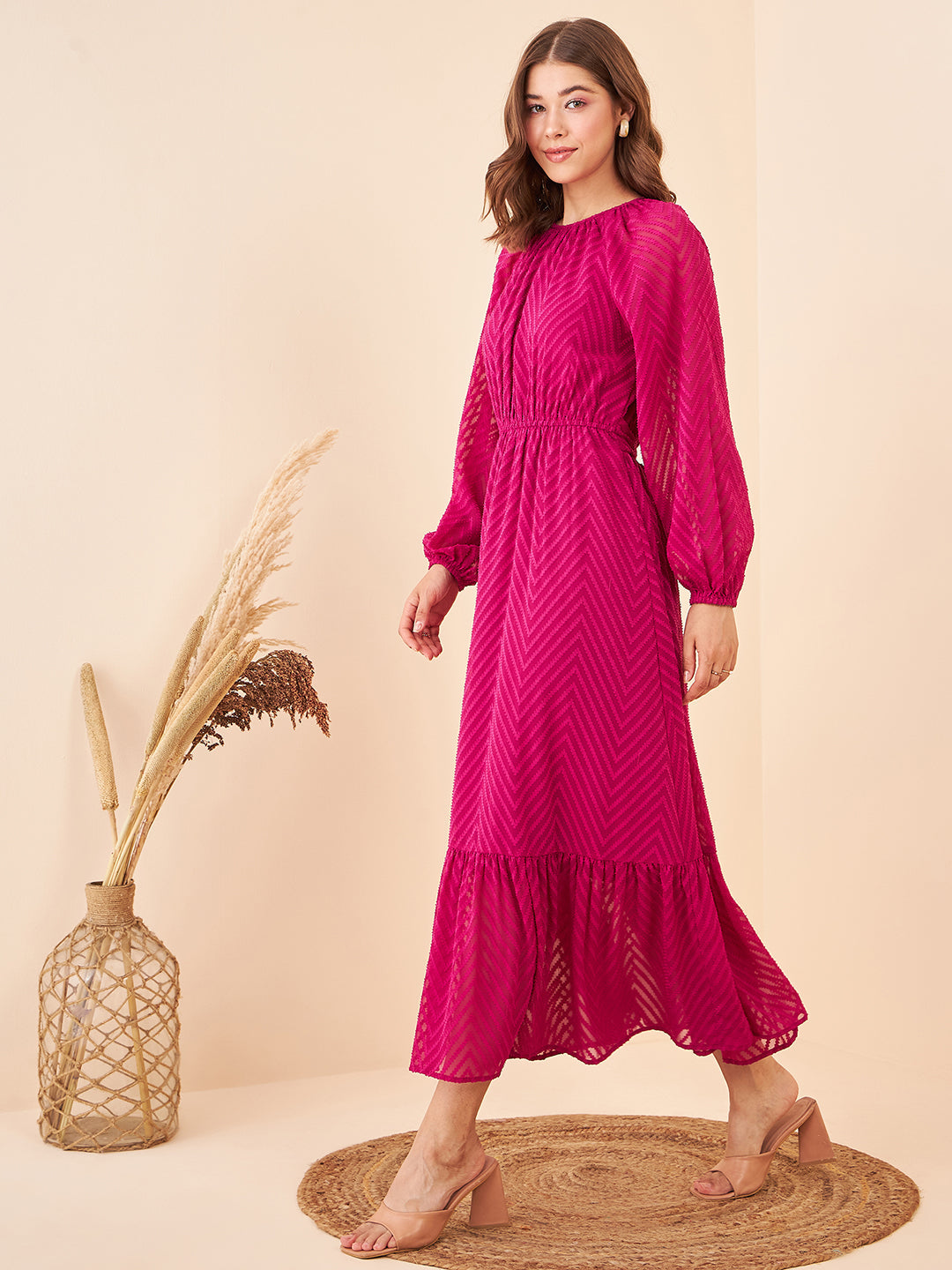 Self Design Fuchsia Pink Tie-knot Maxi Dress