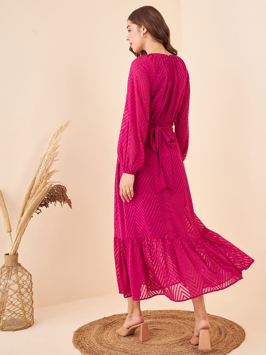 Self Design Fuchsia Pink Tie-knot Maxi Dress