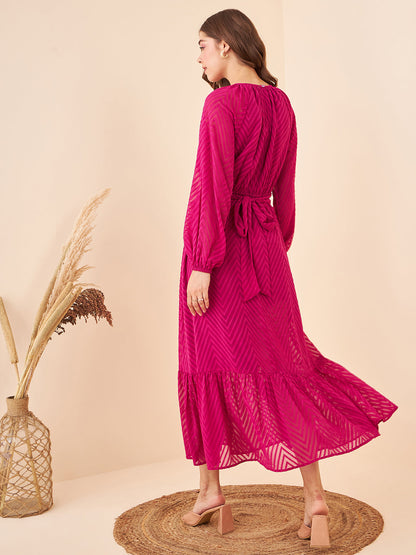 Self Design Fuchsia Pink Tie-knot Maxi Dress