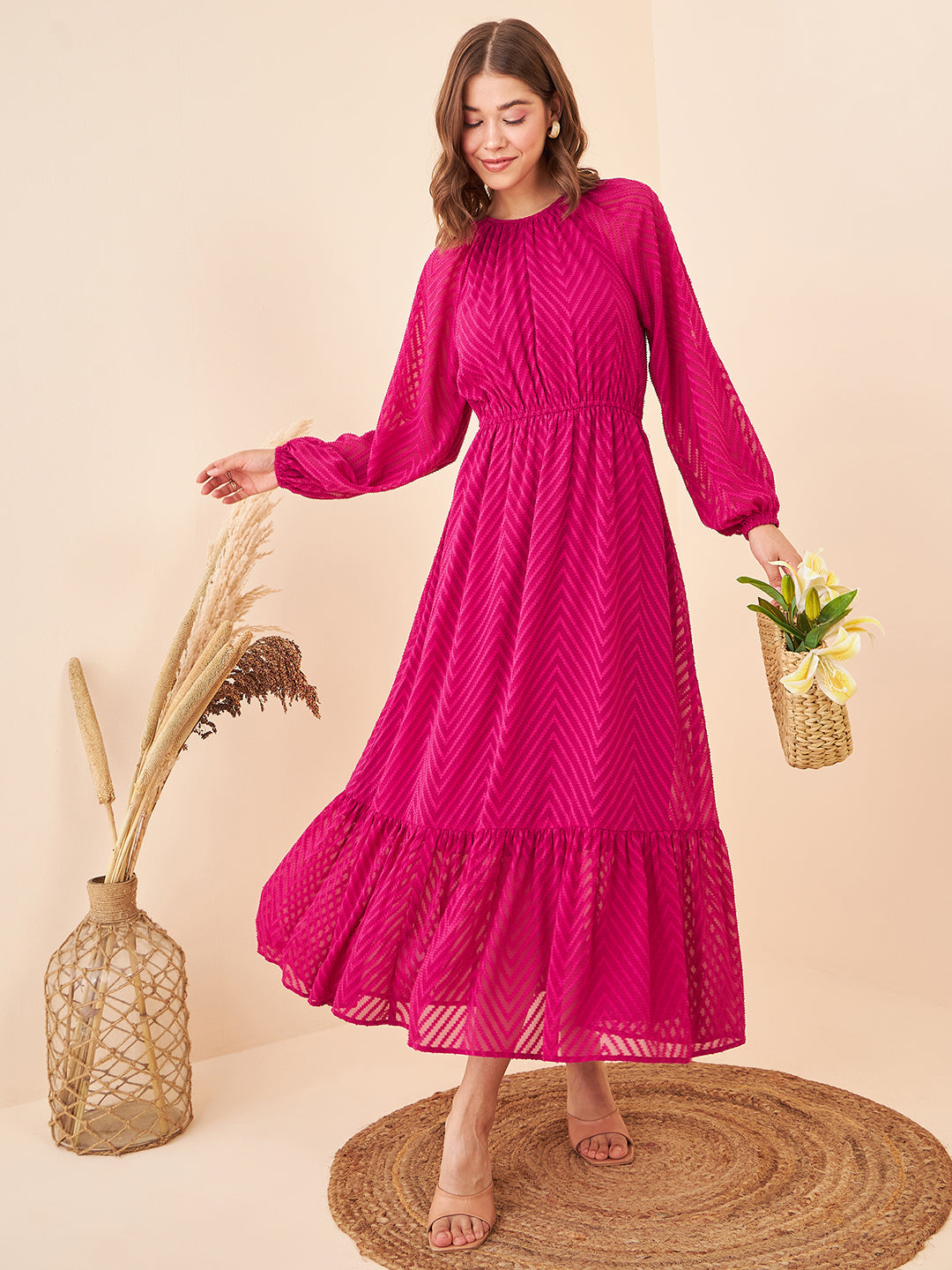 Self Design Fuchsia Pink Tie-knot Maxi Dress