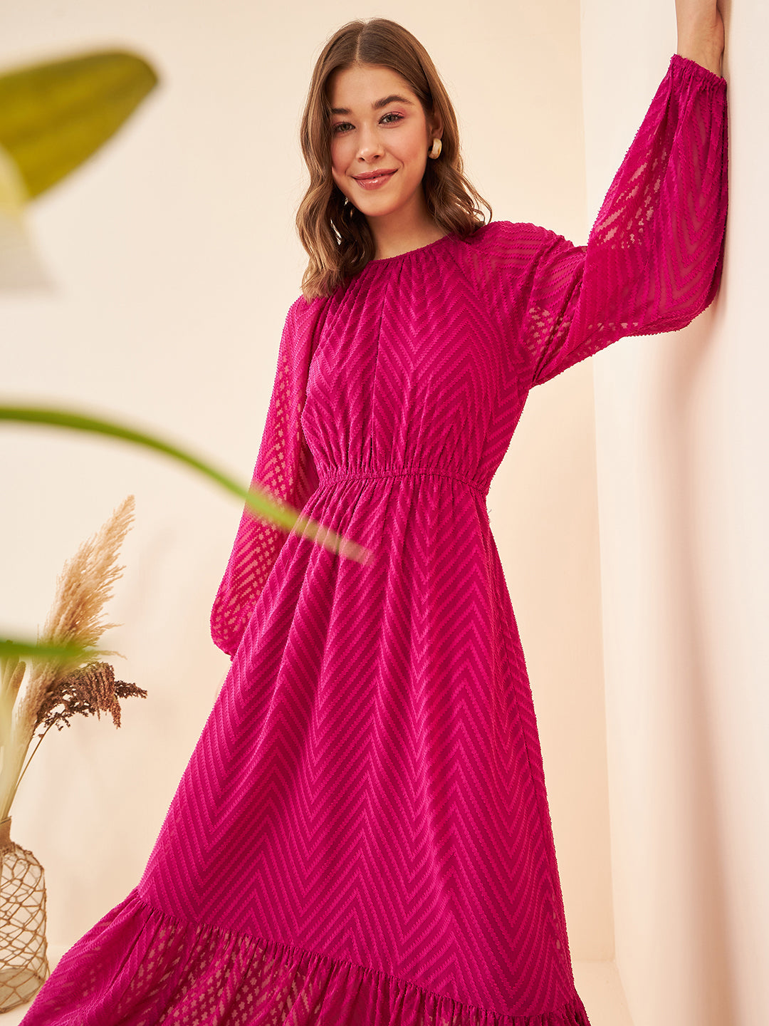 Self Design Fuchsia Pink Tie-knot Maxi Dress