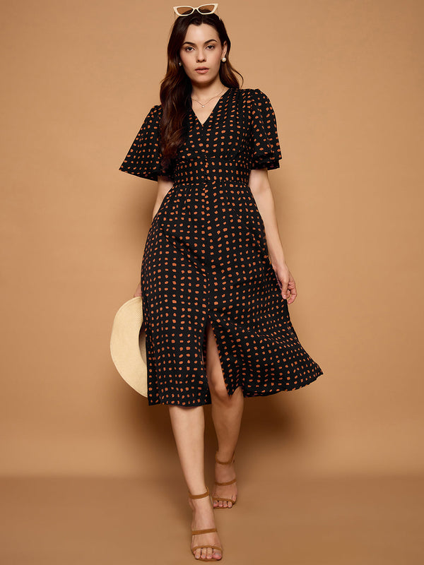V-Neck Printed A-Line Midi Dress