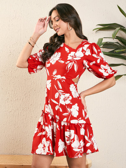 Asymmetric Neck Cut-Out Floarl Detail Dress