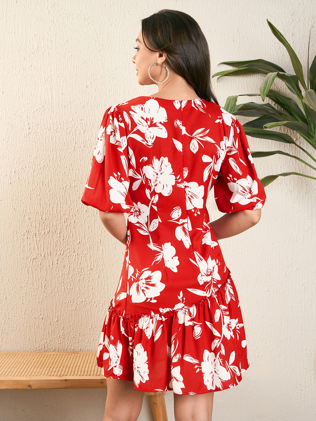 Asymmetric Neck Cut-Out Floarl Detail Dress