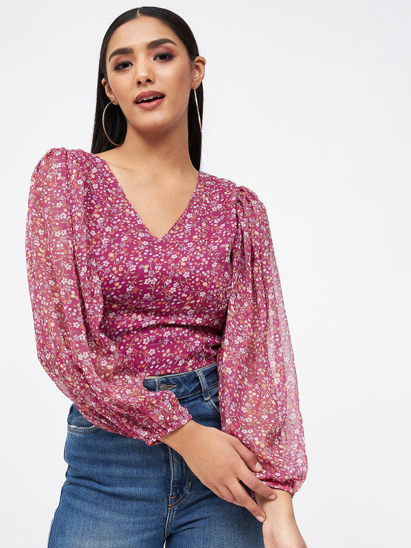 Chiffon Printed Floral V Neck Crop Top