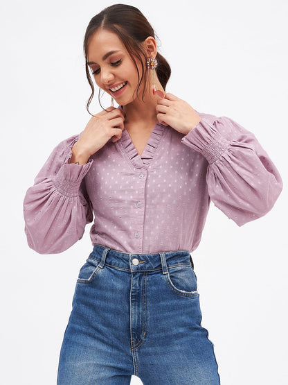 Cotton Self-Design Long Sleeve Frill Neck Top