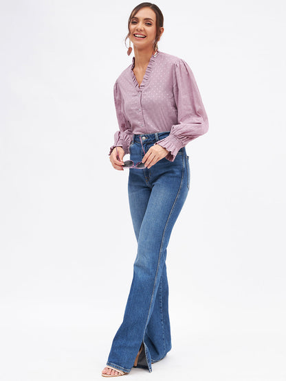 Cotton Self-Design Long Sleeve Frill Neck Top