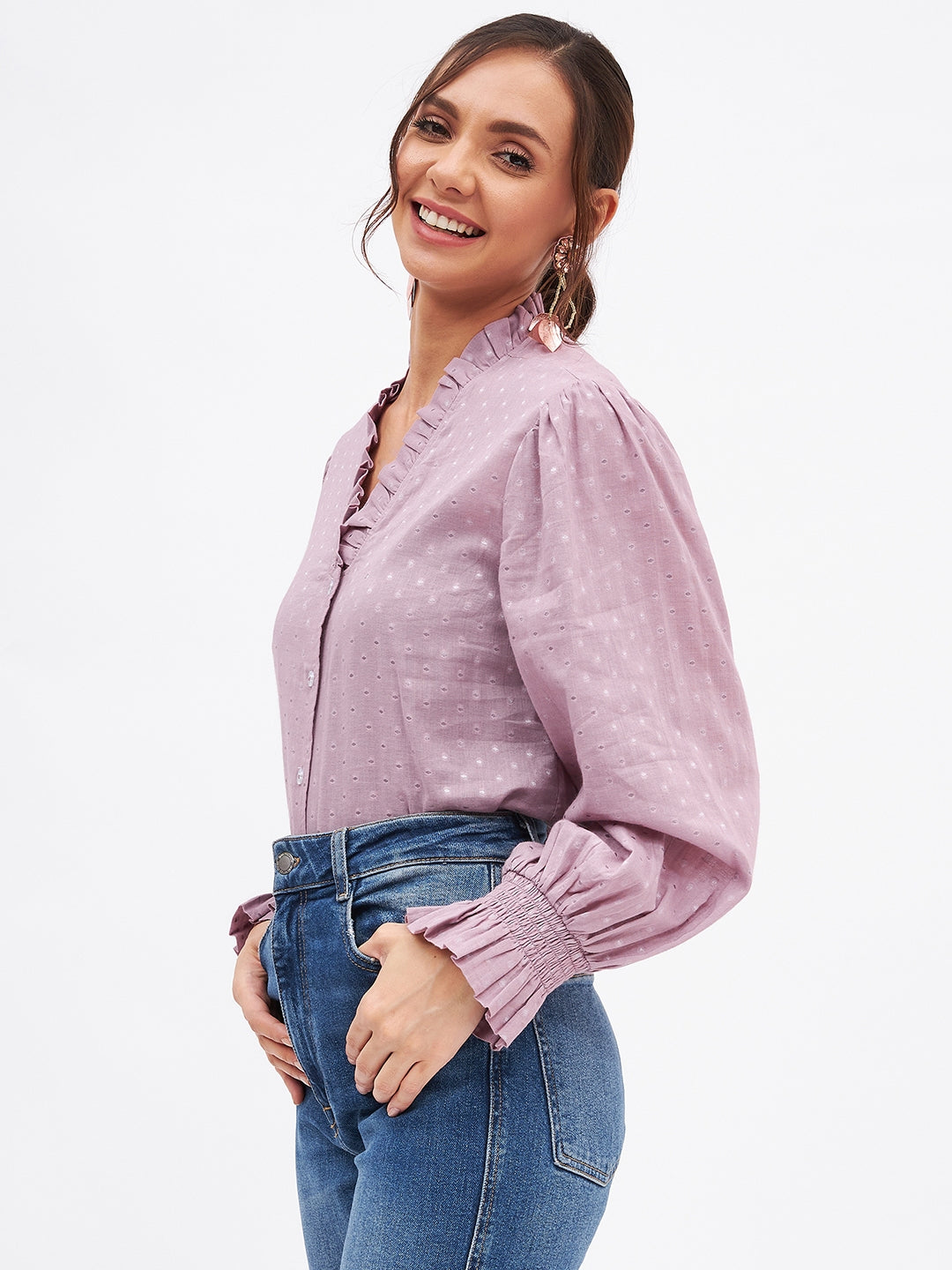 Cotton Self-Design Long Sleeve Frill Neck Top