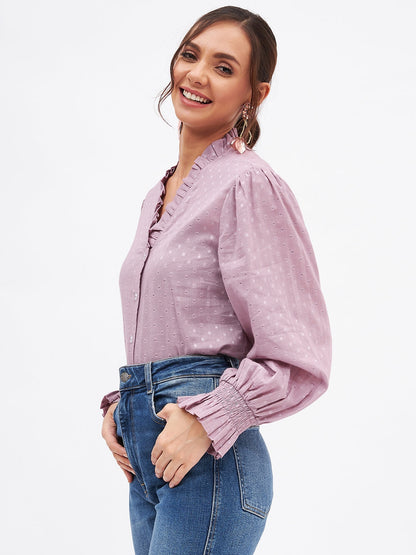 Cotton Self-Design Long Sleeve Frill Neck Top