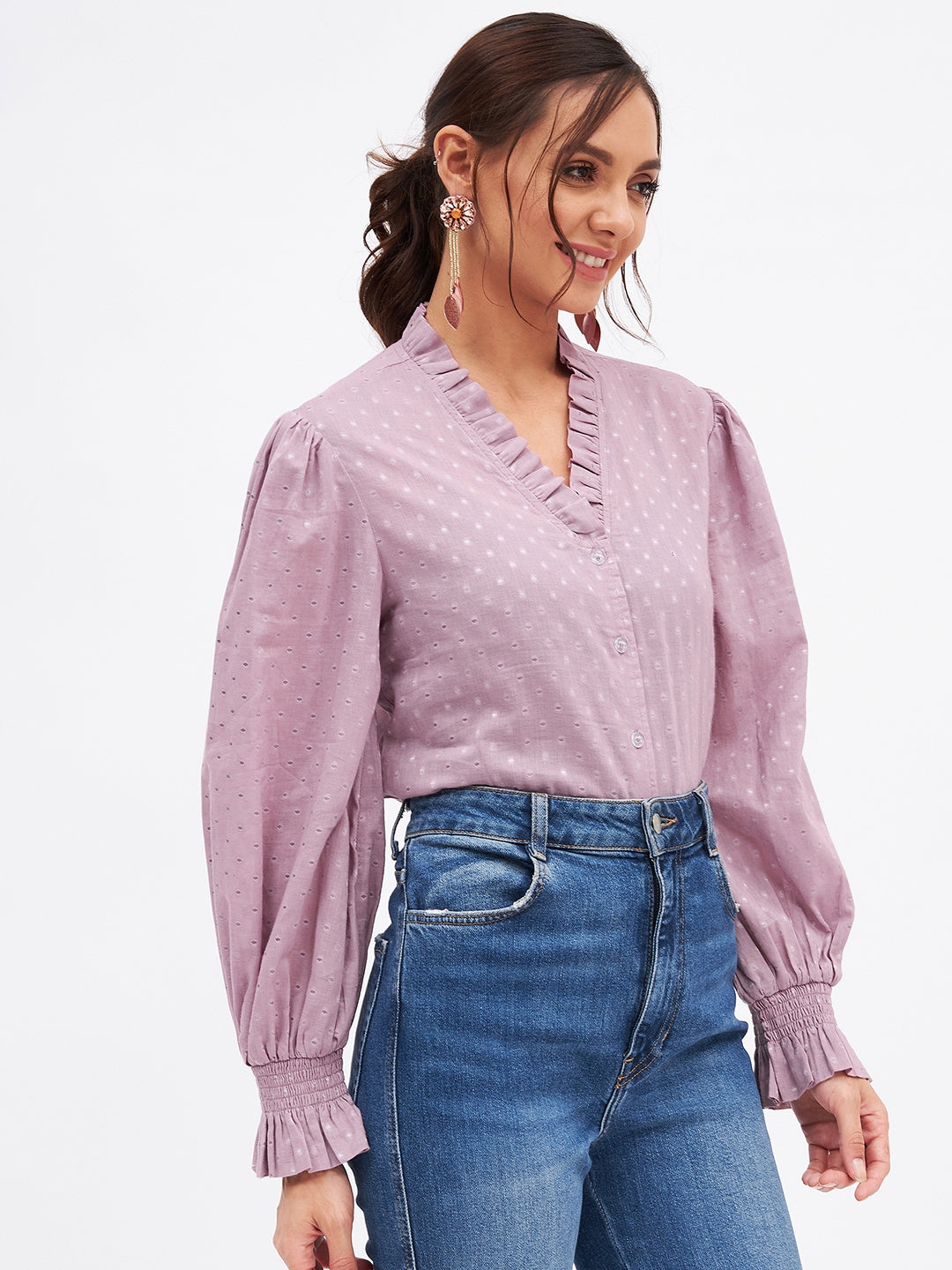 Cotton Self-Design Long Sleeve Frill Neck Top