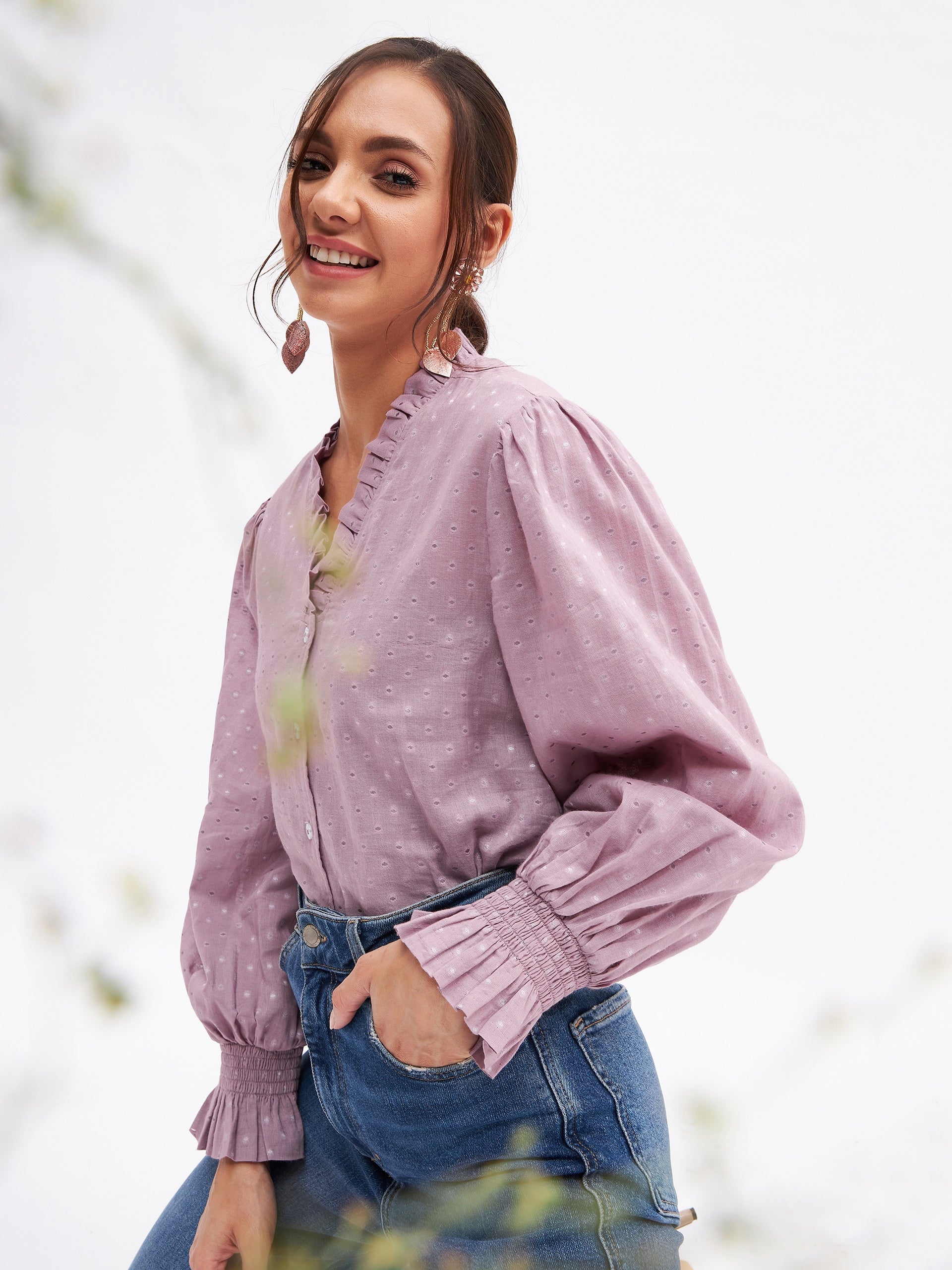 Cotton Self-Design Long Sleeve Frill Neck Top