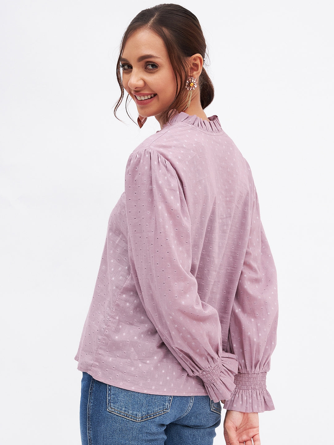 Cotton Self-Design Long Sleeve Frill Neck Top