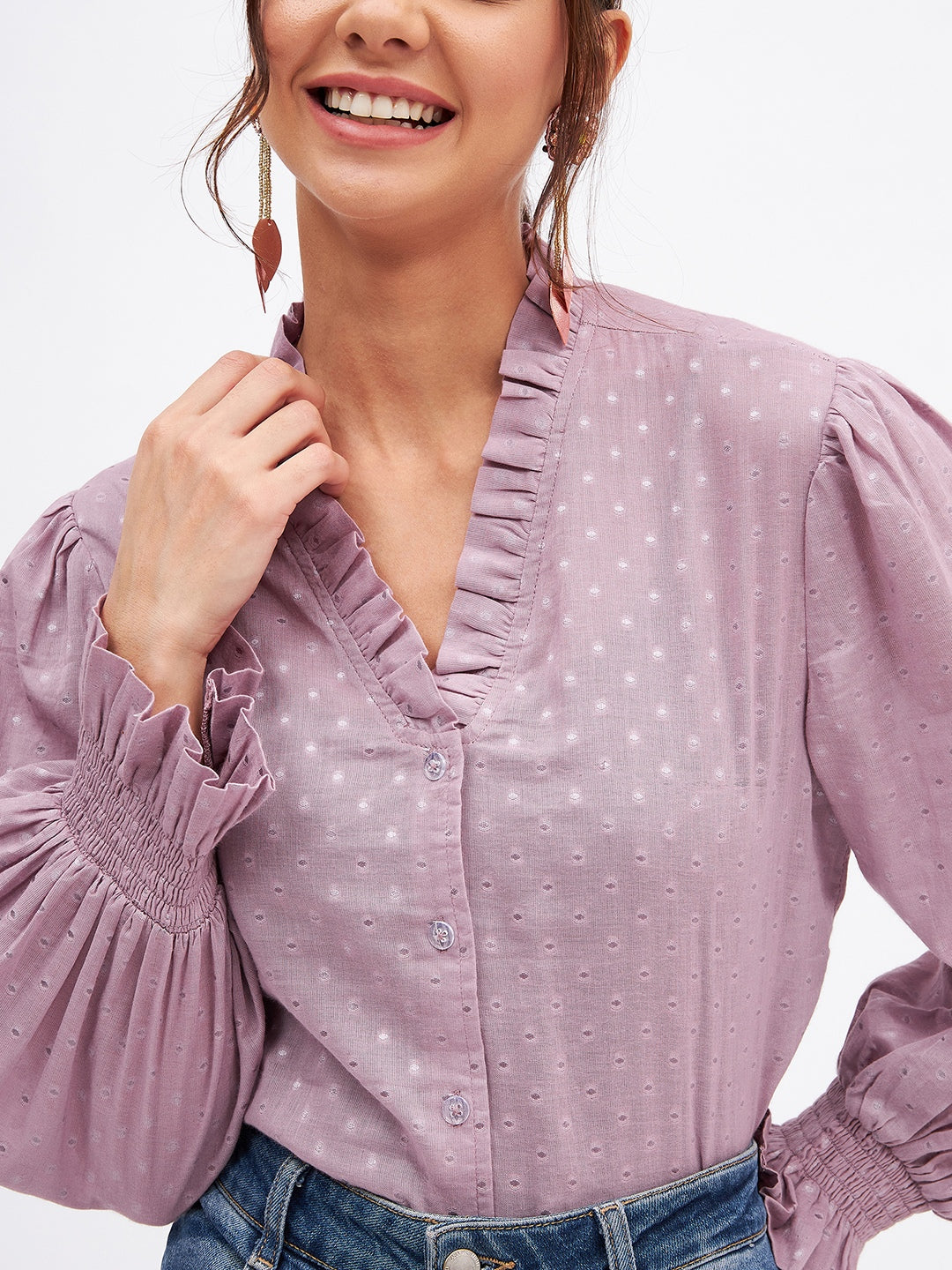 Cotton Self-Design Long Sleeve Frill Neck Top