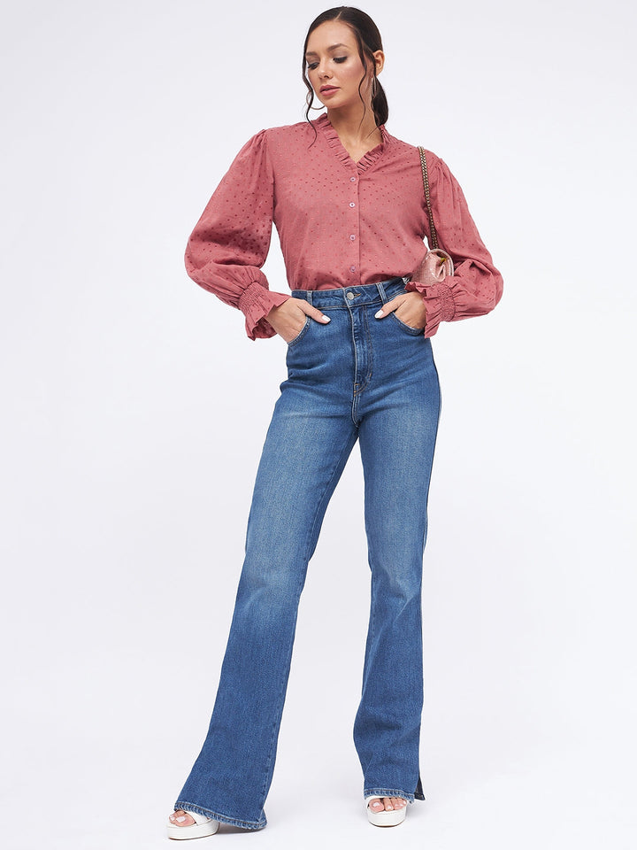 Self Design Long Sleeve Frill Neck Top