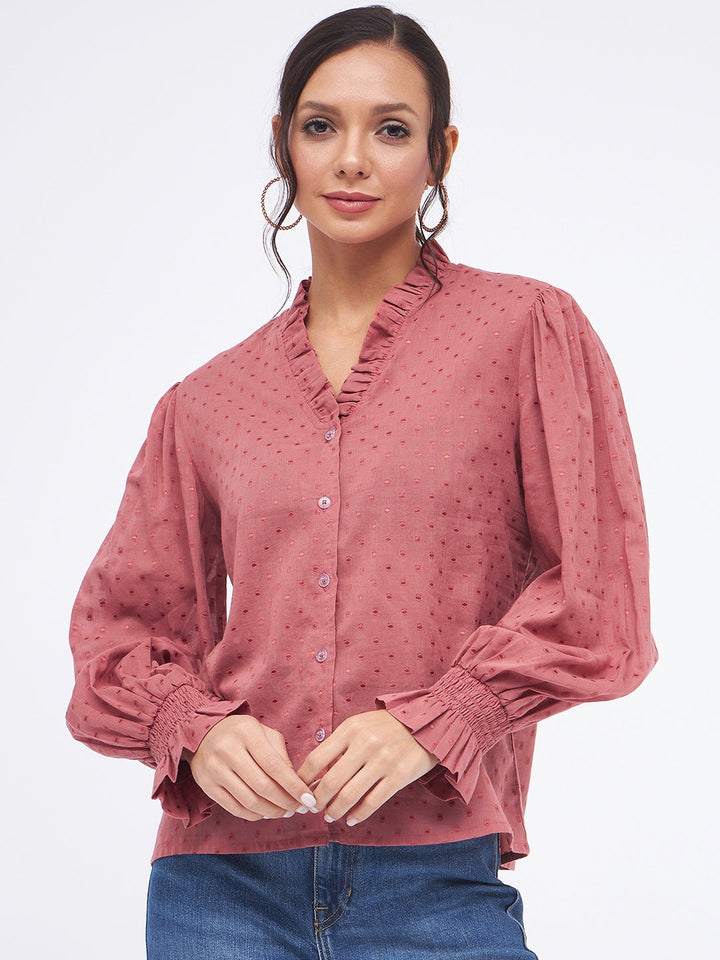 Self Design Long Sleeve Frill Neck Top