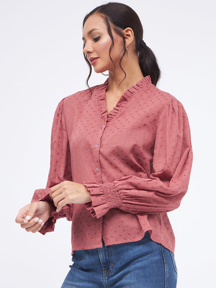 Self Design Long Sleeve Frill Neck Top